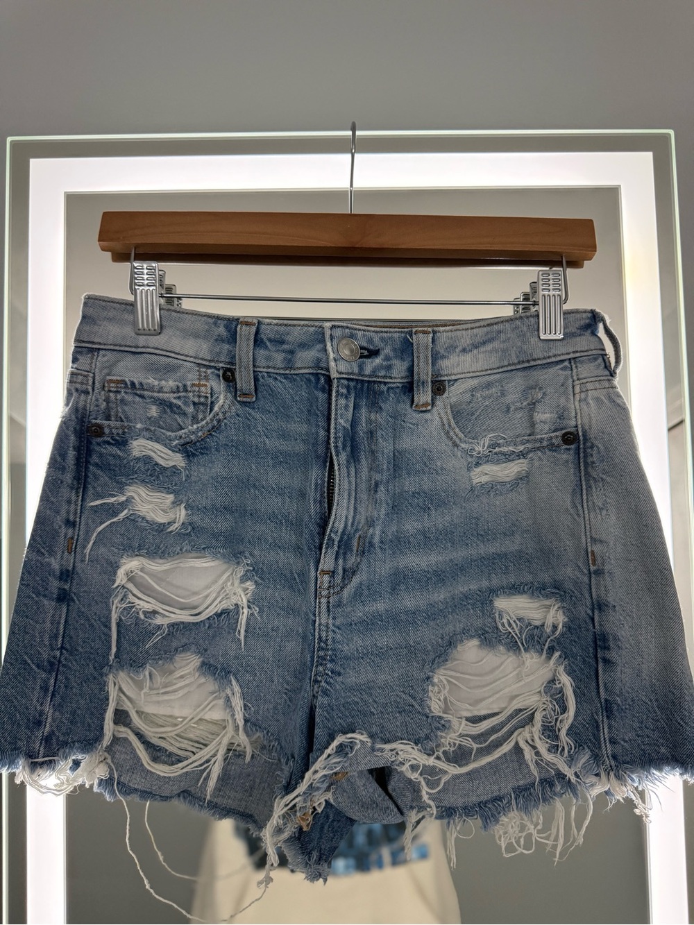 American Eagle Outfitters Distressed High Waist Denim Shorts - Light Blue